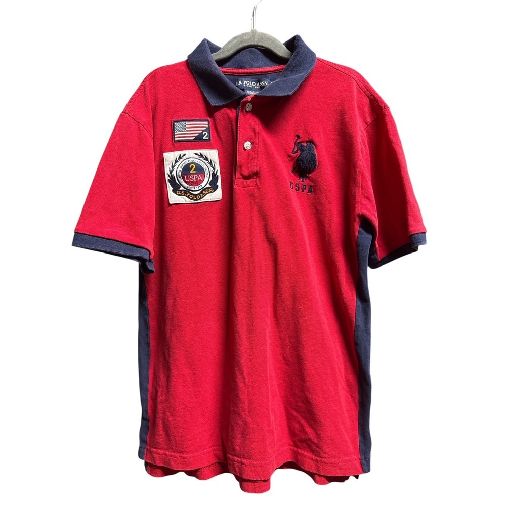 US Polo Shirt Red XL Youth 100% Cotton Flag Patch Short Sleeve Button Placket